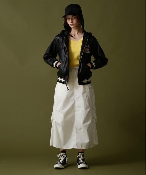 超美品 AVIREX シグネチャーフードレザージャケット レディース Ｌサイズ AVIREX（アヴィレックス） スタジャン SIGNATURE HOODED LEATHER