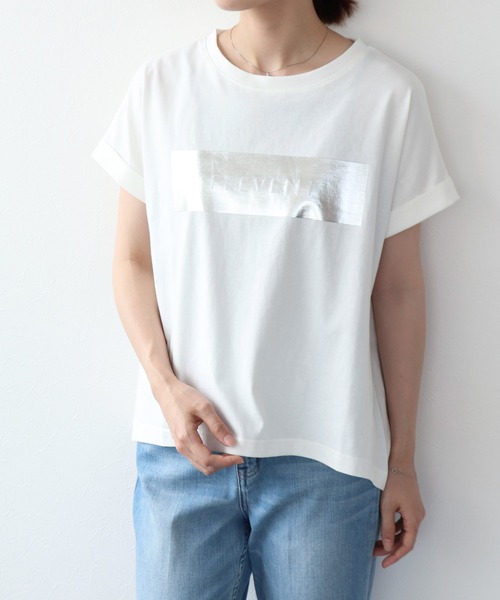 tシャツ スクエア箔プリント半袖Tシャツ レディース