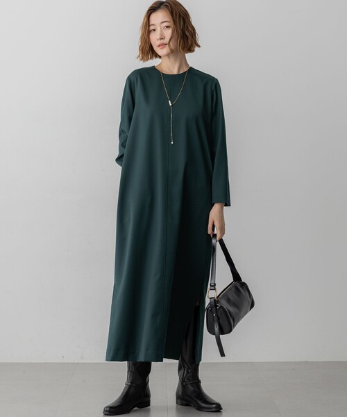 23区 ワンピース ダークグリーン 長袖 未使用 23区（ニジュウサンク） ワンピース 「洗える」メリノウールサテン