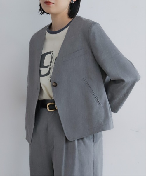 美品✨ 45R リネン 麻 L ノーカラー ショートジャケット グレー 3 比翼 NOMBRE IMPAIR（ノンブルアンペール） ジャケット ノーカラー