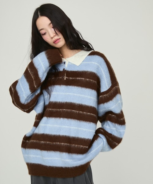 NUJOH ブラウス シャツ Oversized Striped Collar Knit Top / オーバー
