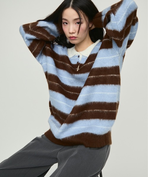 トップス nskwkz NUJOH ブラウス シャツ Oversized Striped Collar Knit Top / オーバー
