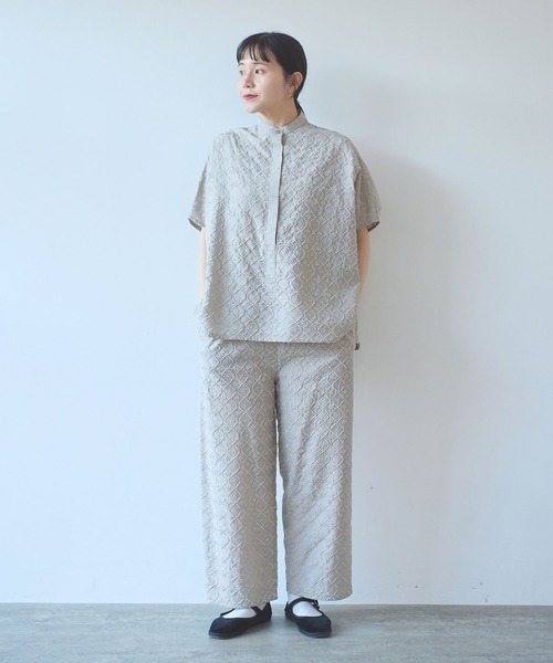 パンツ 単色刺繍wide pettit pants レディースの画像