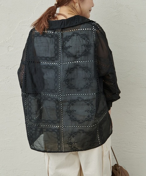 ブラウス シャツ パッチワーク刺繍レースブラウス レディースの画像