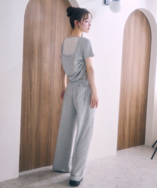 ワイドパンツ スウェットパンツ ジャージ サイドレースラメスウェットパンツ レディースの画像
