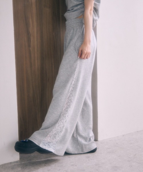 ワイドパンツ スウェットパンツ ジャージ サイドレースラメスウェットパンツ レディースの画像