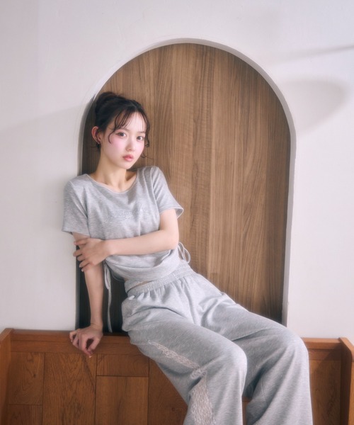 ワイドパンツ スウェットパンツ ジャージ サイドレースラメスウェットパンツ レディースの画像