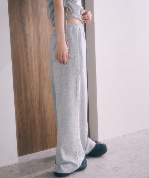 ワイドパンツ スウェットパンツ ジャージ サイドレースラメスウェットパンツ レディースの画像