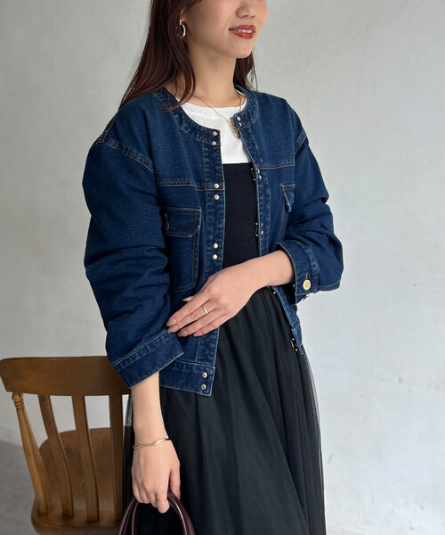 【新品】Chez toi シェトワ　デニムジャケット アウトレット限定商品】Chez toi GLDフックノーカラーGジャン