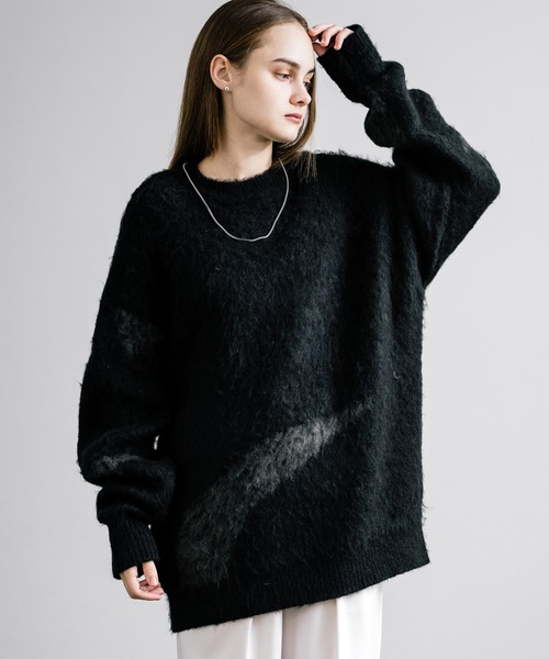 グラム ハンドスティッチクラッシュニットセーター 黒 オーバーサイズ 【L】 CLEL（クレイル）の「【CLEL】Hand Stitching Side Lace knit