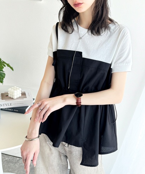 tシャツ レイヤードトップス レディース メンズ 菱柄ジャガードフェイクレイヤードVネック半袖Tシャツ | 【公式