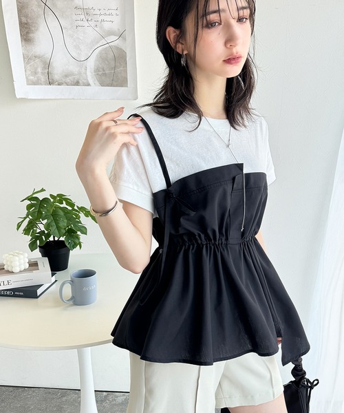 tシャツ レイヤードトップス レディース メンズ 菱柄ジャガードフェイクレイヤードVネック半袖Tシャツ | 【公式