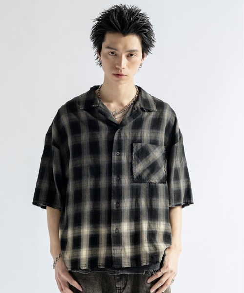 PLAN To シャツ Vintage Design Bleach Gradation Check Shirts