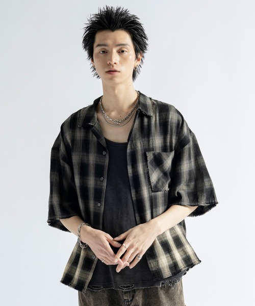 PLAN To シャツ Vintage Design Bleach Gradation Check Shirts