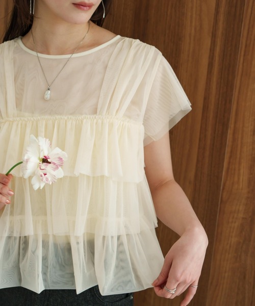 hinari tシャツ チュールフリルフレンチスリーブトップス