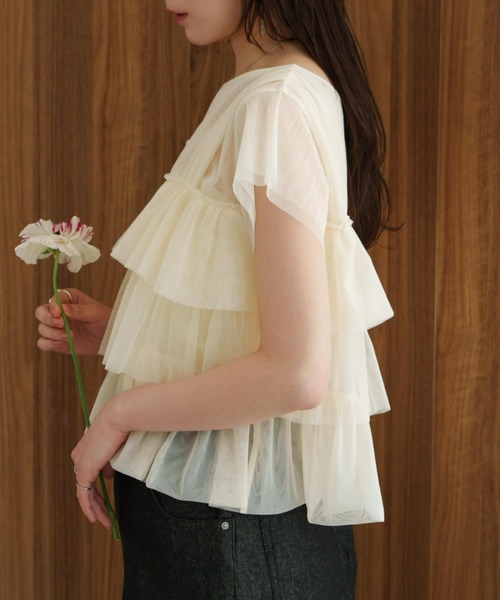 hinari tシャツ チュールフリルフレンチスリーブトップス
