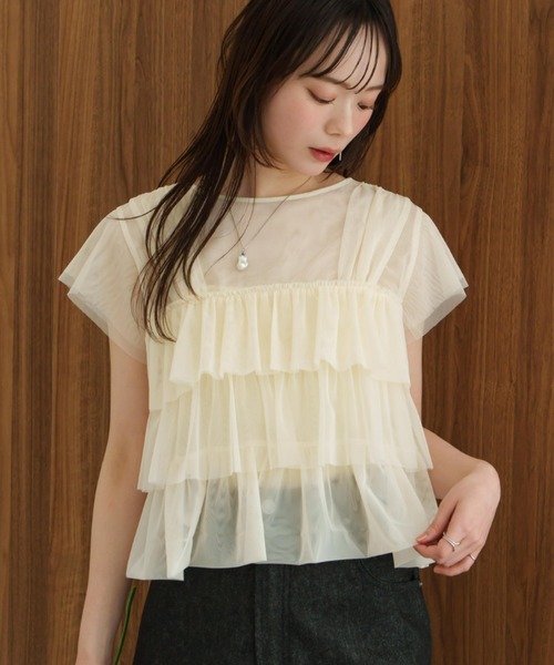 tシャツ チュールフリルスリーブインナー付プルオーバー レディース セール】チュールフリルスリーブインナー付プルオーバー（T
