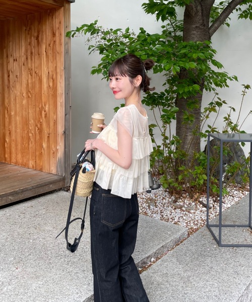 hinari tシャツ チュールフリルフレンチスリーブトップス