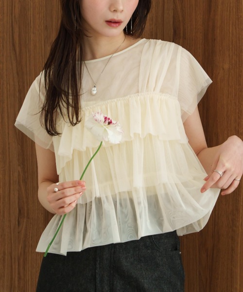 tシャツ チュールフリルフレンチスリーブトップス レディースの画像