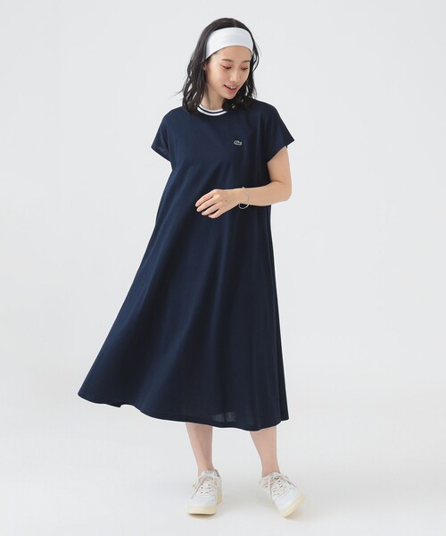 【美品】ラコステ　襟付きワンピース LACOSTE｜オーガニックコットン メッシュ切替 ワイドリブニット