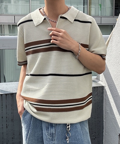 CREARE -LINO- tシャツ ハーフジップマルチボーダー半袖ニット メンズ