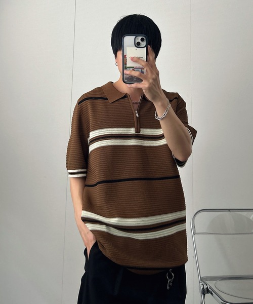 CREARE -LINO- tシャツ ハーフジップマルチボーダー半袖ニット メンズ
