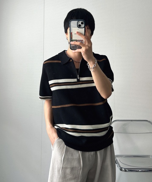 CREARE -LINO- tシャツ ハーフジップマルチボーダー半袖ニット メンズ