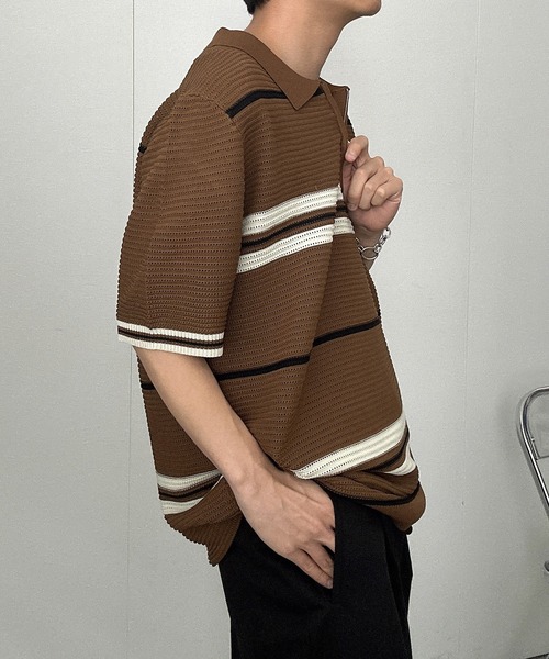 CREARE -LINO- tシャツ ハーフジップマルチボーダー半袖ニット メンズ