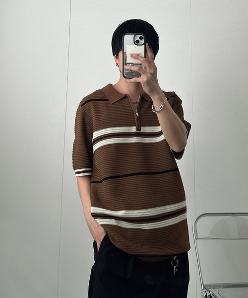 CREARE -LINO- tシャツ ハーフジップマルチボーダー半袖ニット メンズ
