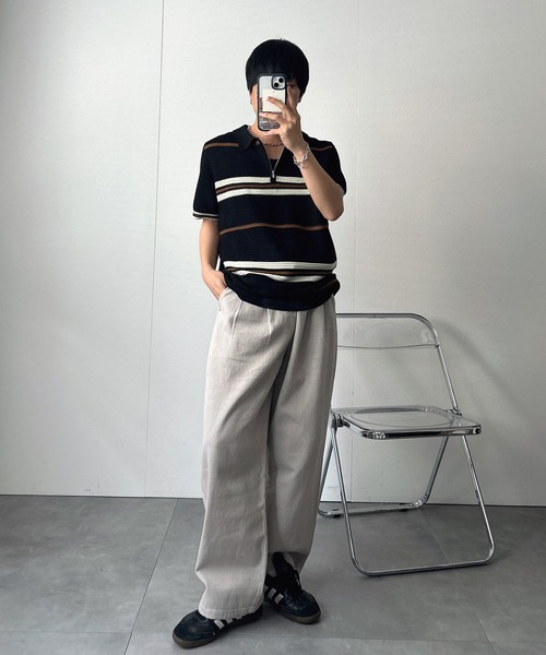 CREARE -LINO- tシャツ ハーフジップマルチボーダー半袖ニット メンズ