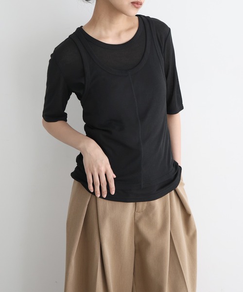 tシャツ (CREOLME)フロントボタンシアートップス レディース hellam tシャツ タンクレイヤードシアートップス レディース