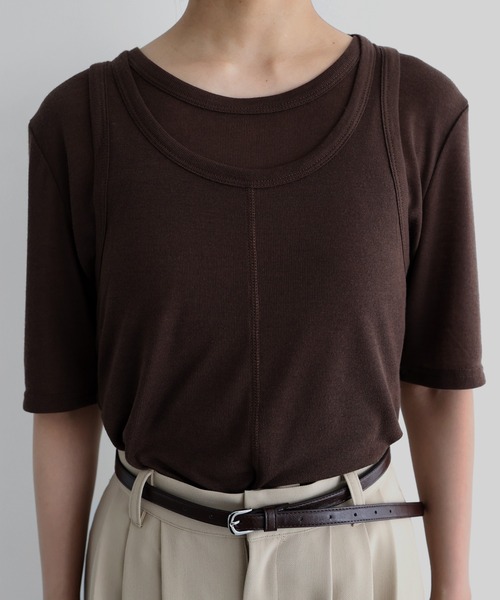 tシャツ (CREOLME)フロントボタンシアートップス レディース hellam tシャツ タンクレイヤードシアートップス レディース
