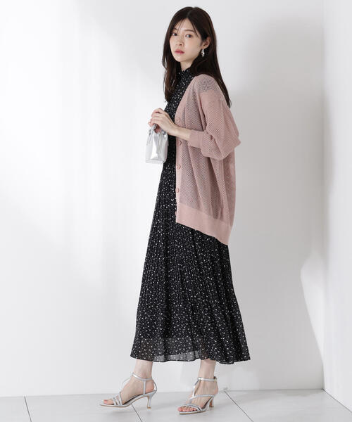 フリー【新品インポートセレクト】ワッフルプリーツ×袖シフォンプリーツワンピース ぼかしフラワープリーツワンピース【イージーケア/防シワ/洗濯機
