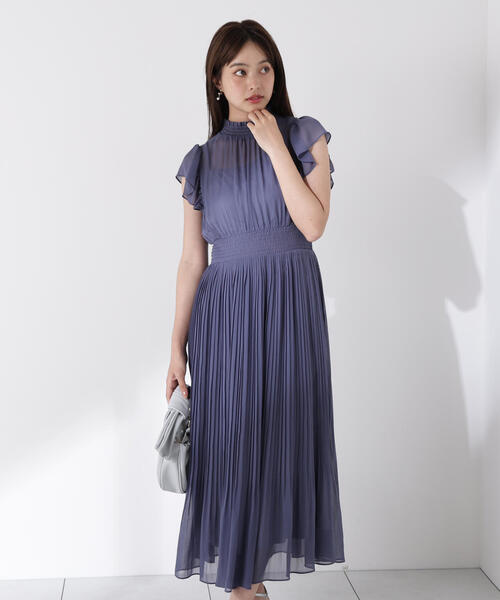 COZEN 配色ラウンドネックハーフプリーツワンピース/韓国発 PROPORTION BODY DRESSING ワンピース シフォンプリーツ