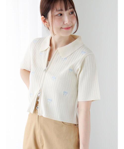カーディガン リボン刺繍ダブルジップカーディガン レディース