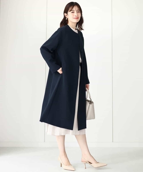 「OFUON」 ノーカラーコート 40 ネイビー レディース_画像3