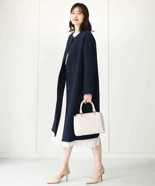 「OFUON」 ノーカラーコート 40 ネイビー レディース_画像4