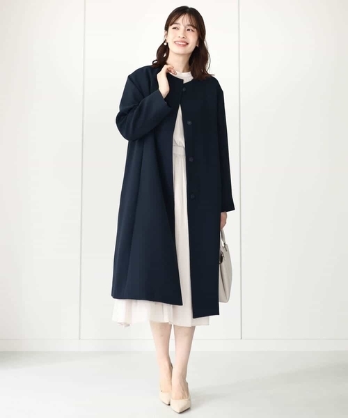 「OFUON」 ノーカラーコート 40 ネイビー レディース_画像6
