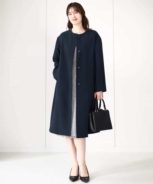 「OFUON」 ノーカラーコート 40 ネイビー レディース_画像7