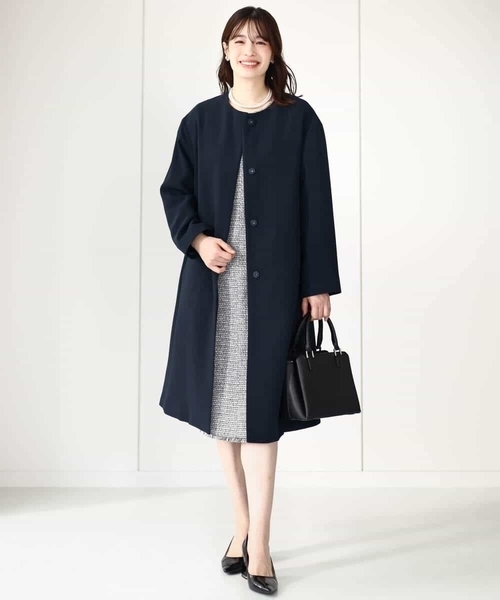 「OFUON」 ノーカラーコート 40 ネイビー レディース_画像8