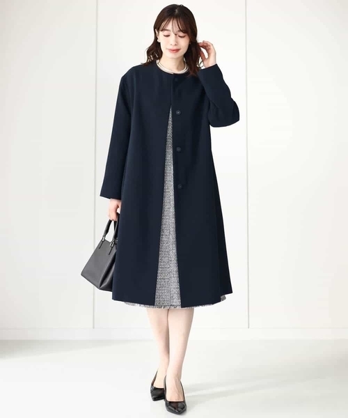 「OFUON」 ノーカラーコート 40 ネイビー レディース_画像9