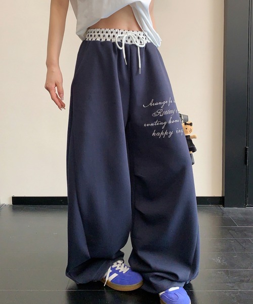 ワイドパンツ スウェットパンツ ジャージ 水玉パッチワークスウェット