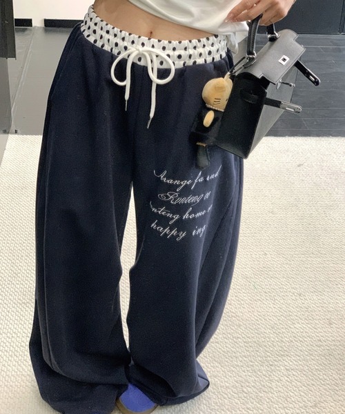 ワイドパンツ スウェットパンツ ジャージ 水玉パッチワークスウェット