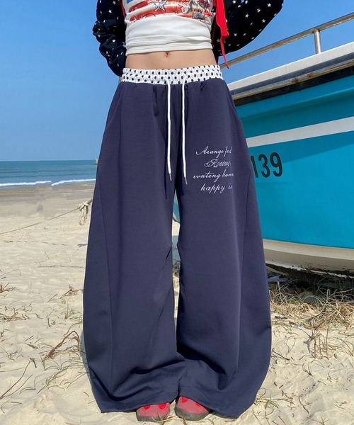 ワイドパンツ スウェットパンツ ジャージ 水玉パッチワークスウェット