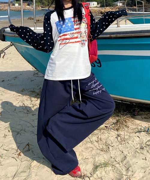 ワイドパンツ スウェットパンツ ジャージ 水玉パッチワークスウェット