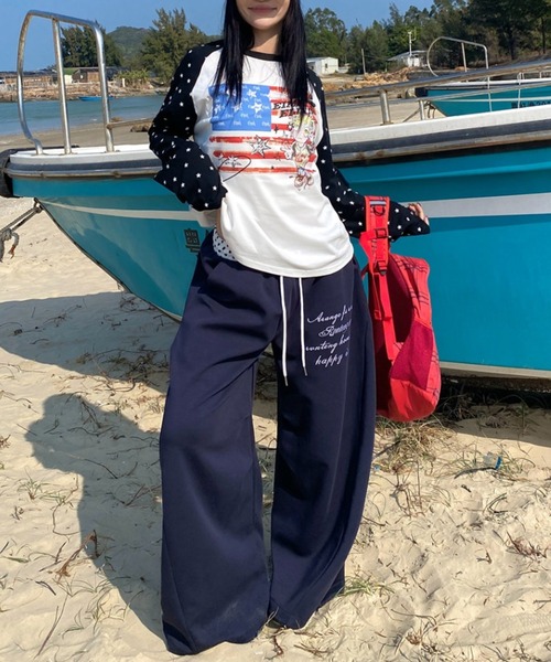 ワイドパンツ スウェットパンツ ジャージ 水玉パッチワークスウェット
