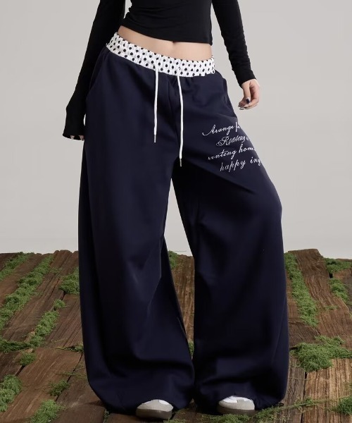 ワイドパンツ スウェットパンツ ジャージ 水玉パッチワークスウェット