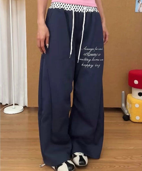  ドット柄 ワイドパンツ ジャージ ブルー L ワイドパンツ スウェットパンツ ジャージ ドットレイヤースウェット