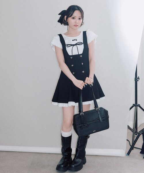 OLIVE des OLIVEフレアジャンスカ ブラック＋袖レースTシャツセット OLIVE des OLIVE（オリーブデオリーブ） tシャツ 半袖 袖レースTシャツ