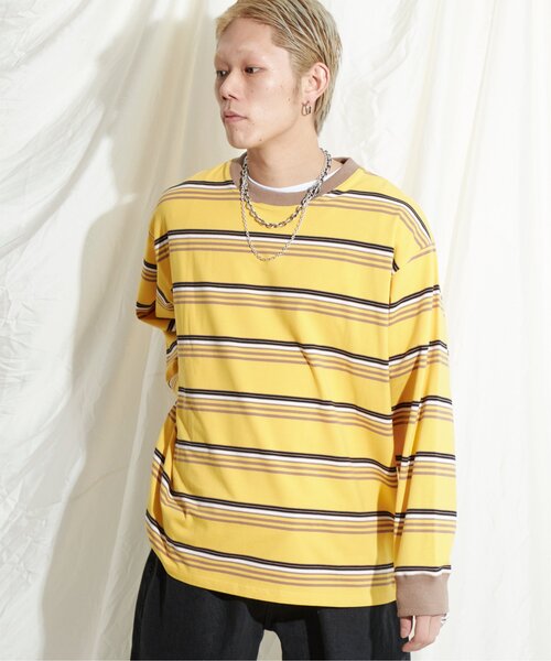 NO NEED tシャツ マルチボーダー天竺リンガーロンT メンズ